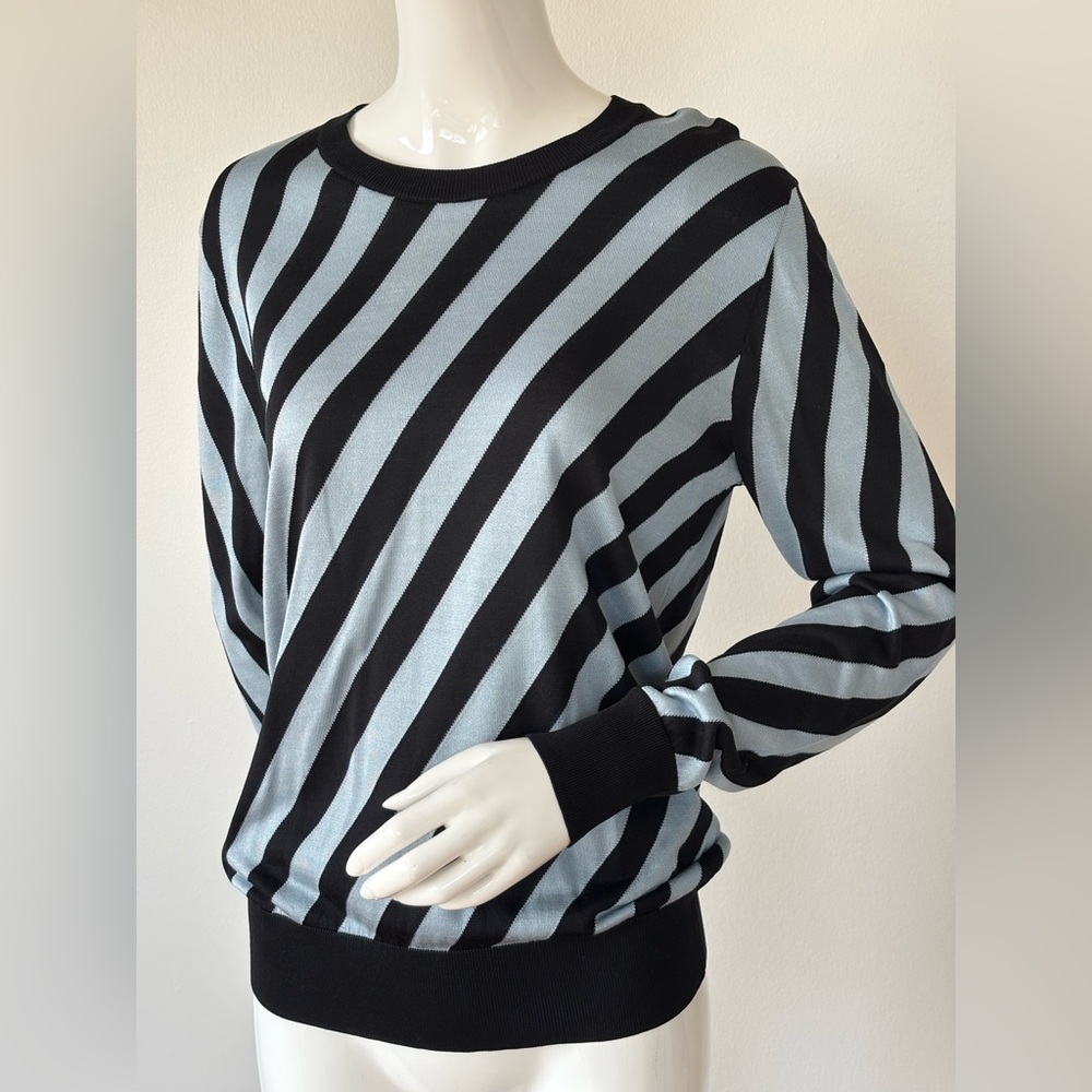 Dolce & Gabbana Silk Knit Sweater – Black Blue Diagonal Stripe Pullover - Picture 3 of 8